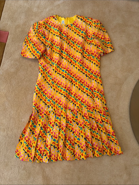 David Hayes Dresses & Skirts - Vintage Bright Yellow Multicolor Drop Waist Printed Pleated Dress